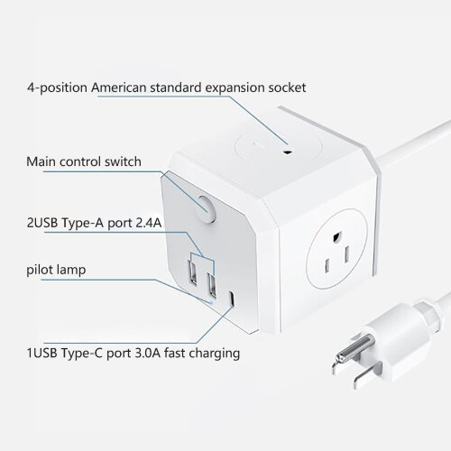 7-i-1 Cube-strømskinne: 4 stikkontakter, 2 USB-A og 1 USB-C 2