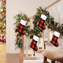 Red and Black Checkered Christmas Stocking, Velvet, 14x19 cm