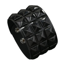 Punk Inspired Leather Bracelet Featuring Three Row Square-black