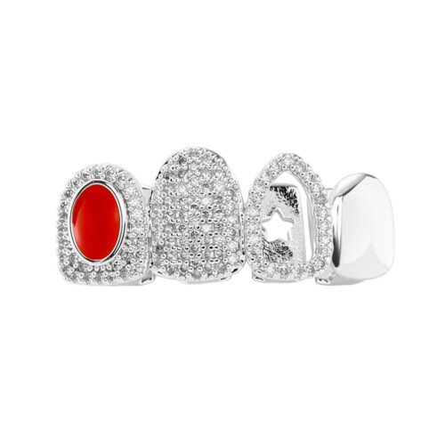 Copper Tooth Grill With Multifaceted Colored Crystals-Silver