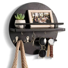 Key Holder Wall Mount, Decorative Key Rack with Hooks and Shelf, Wood, Black