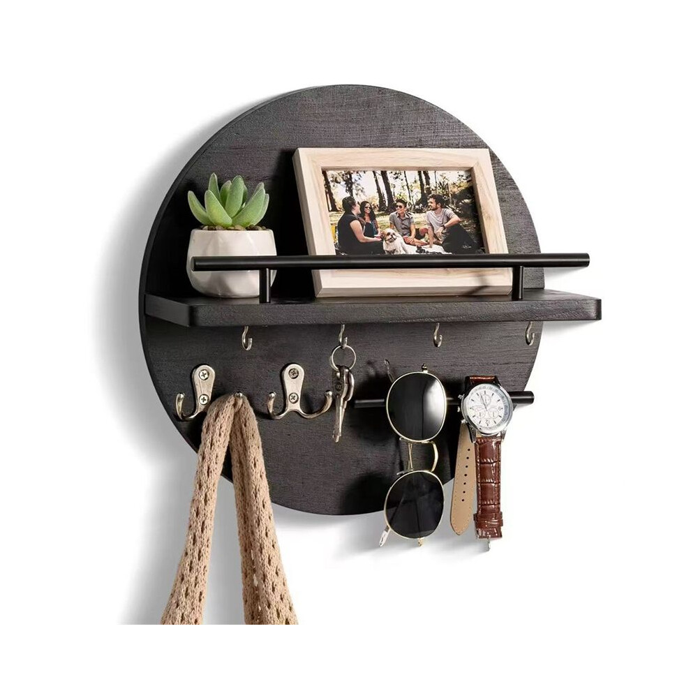 Key Holder Wall Mount, Decorative Key Rack With Hooks And Shelf, Wood, Black 6034153966528