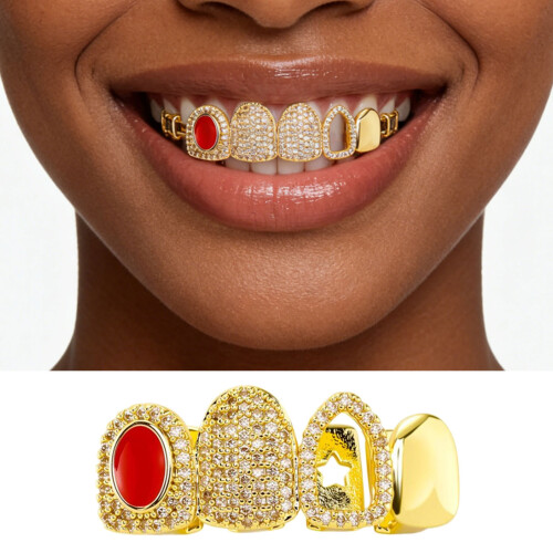Copper Tooth Grill With Multifaceted Colored Crystals-Silver 2
