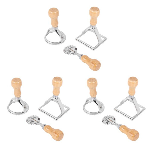 9X Ravioli Stamp Maker Cutter with Roller Wheel Set, Mold with Wooden Handle for Fluted