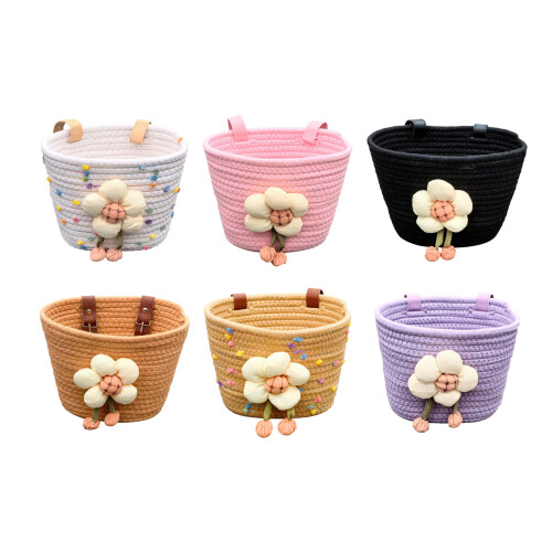 Soft Rope Woven Bicycles Basket Detachable Bikes Front-Pink 2