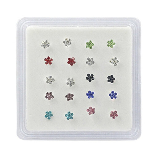 Women Flower Rhinestone Nose Stud Silver Plated 20 Pcs