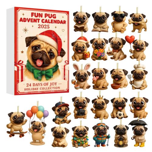 Mops-Adventskalender, 2D-Dekorationsanhänger, 24 Tage