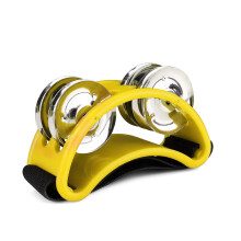 Foot Tambourine Percussion with Double Row Steel Jingles for Cajon and Guitar Players, Bright Yellow Hands Instrument
