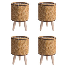 4X Vintage Imitation Rattan Woven Flower Shelf Planters Handmade Storage Basket with Wooden Legs Plant Pot Stand,E
