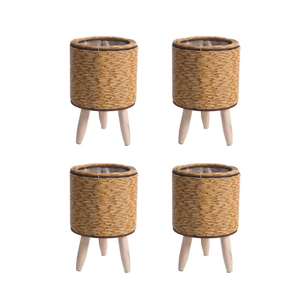 Semoic 4X Vintage Imitation Rattan Woven Flower Shelf Planters Handmade Storage Basket With Wooden Legs Plant Pot Stand,E