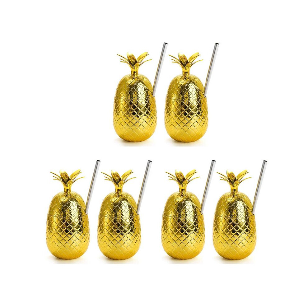 Gold 6 Pack Pineapples Drink Cups, 450Ml Pineapples Tumbler With Stretched Straw, Hawaiian Luau Party Cups