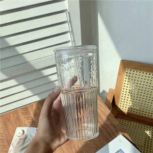 2X 600 Ml Glasbecher, Milchkaffeetasse mit Deckel und Strohhalm, Transparent, Gestreift, Wasserbecher, Becher, TrinkgläSer, Saft, Teetasse
