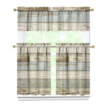 Vintage Teal Wood Grain Kitchen Curtain Valance 3-Piece Set, 27.5x36", Compatible with Standard Sink Windows