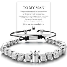 To My Man Crown armbånd gavesæt – justerbart armbånd i rustfrit stål med perler, kompatibel med herreårsdag, fødselsdag, jul, fars fødselsdag