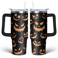 Halloween Emoji Orange Sequins 30 oz Tumbler with Handle Lid & Straw – Stainless Steel Vacuum Insulated, Compatible with Starbucks