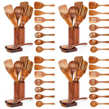 36 PCS Wooden Spoons for Cooking, Wooden Utensils for Cooking with Utensils Holder, Teak Wooden Kitchen Utensils Set