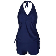 Women Two Piece Halterneck Tankini Swimsuit with-Navy blue XXL