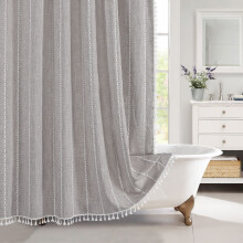 Rideau de douche bohème en lin, protection de l'intimité et lavable en machine pour un entretien facile, motif brodé avec pompons (183 x 183 cm),