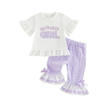 (12-18 Months, Purple) Kid Girls Pants Set, Short Sleeve Crew Neck Letters T-shirt with Plaid Flare Pants Birthday Clothes