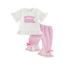 (2-3 Years, Pink) Kid Girls Pants Set, Short Sleeve Crew Neck Letters T-shirt with Plaid Flare Pants Birthday Clothes