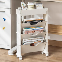 Book Cart with Wheels, Slim UnderDesk Storage, EasyAccess Slanted Shelves, White, 39.5x12x64.6cm