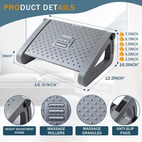 Under Desk Foot Rest, Adjustable Height Ergonomic Foot Stool with Massage Rollers for Office, Gray 2