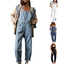Dame Casual Stretch Justerbar Denim Bib Overalls Jeans Bukser Lang Playsuit Jumpsuits med Strop og Knapper