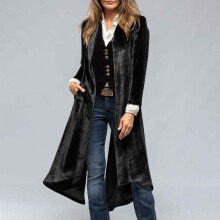 Dame fløyelslang trenchcoat med åpen front, elegant rygg, høy splitt og lommer