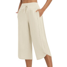 Dame yogabukser med brede ben, højtaljede, cropped snit med lommer, smørbløde beige træningsbukser til yoga, pilates og lounge, størrelse S