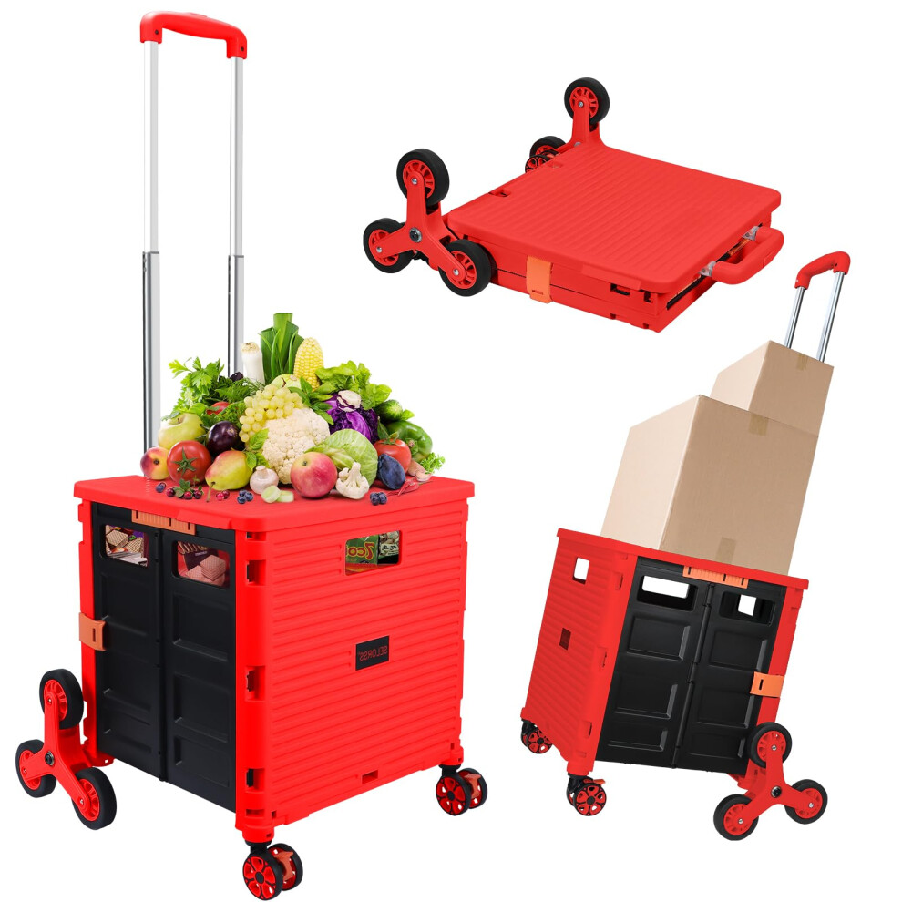 Red Folding Utility Cart With Lid, Stair Climbing Wheels, Collapsible Rolling Crate For Groceries
