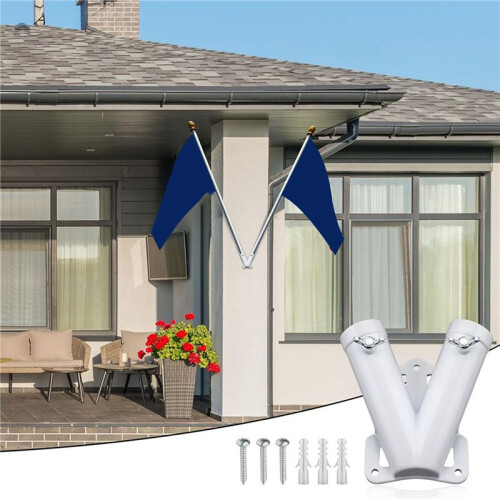 2X Double FlagPole Bracket Holder, V Shape Aluminum Alloy Flagpole Wall Mount Bracket Windproof Flag Bracket Mounting 2