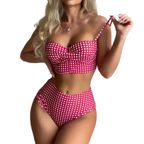 Women High Waisted Bikini Sets Tummy Control-rose red L