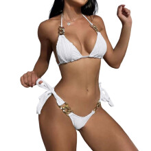 Women String Triangle Bikini Sets Halter Top Sexy Thong-White L