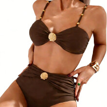 Damen-Set, zweiteiliger Badeanzug mit V-Ausschnitt und-braun L