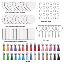 60X Sublimation Key Ring Blanks Set with Heat Transfer Blank 3 Shapes Tassels Pendant Jump Rings Key Ring with Chain