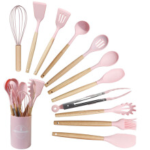 Série MasterChef : Ensemble de 12 ustensiles de cuisine en silicone, manche en bois, résistants à la chaleur et antiadhésifs, silicone de