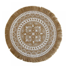 15" Boho Woven Jute Round Placemat with Fringe, Pompom & Tassel – Farmhouse Rustic Table Mat for Dining, Kitchen & Party