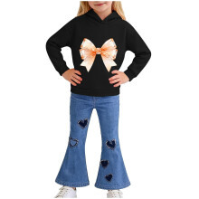 Sorte piger 2-delt outfitsæt, børnehættetrøje med sløjfeprint og flare jeans, afslappet legetøj, størrelse 7-8T