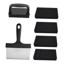 BBQ Grill Brush and Scraper 6Piece Griddle Cleaning Kit Stainless Steel Spatula and Scouring Pads