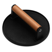 Cast Iron Burger Press and Bacon Press, Round Flat Bottom for Even Heat, Wooden Handle for Grilling