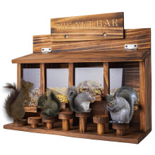 Outdoor Squirrel Picnic Table Feeder for Corn Cobs, Sturdy Wood with Perch Bar 16x12x7, Burnt Wood