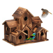 Large Wooden Bird House for Outside, 6 Holes Handmade Retro Villa Style, Backyard Patio Decor