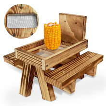 Squirrel Feeder Picnic Table with Corn Cob Holder, Carbonized Wood, Fenced Tabletop for Outside