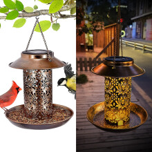 Solar Bird Feeder with Light, Waterproof Metal Outdoor Hanging Bird Feeder Lantern for Garden