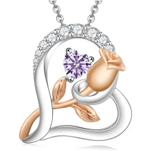 (【June】Light Purple Diamond) Women's New Rose S925 Sterling Silver Heart Necklace, 12 Birthstone Pendant Choker