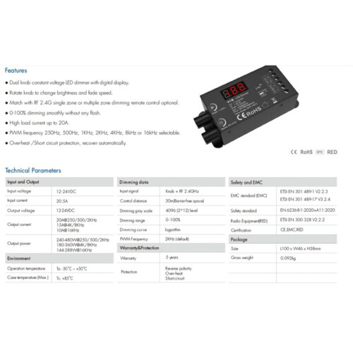Dual Knob Constant Voltage LED Dmmer 1CHx20A Wireless Remote Control Numeric Display CV Controller V1-B