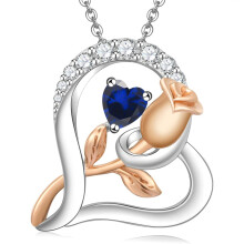 (【September】 Deep Blue Diamond) Women's New Rose S925 Sterling Silver Heart Necklace, 12 Birthstone Pendant Choker