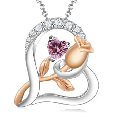 (【October】 Pink Diamond) Women's New Rose S925 Sterling Silver Heart Necklace, 12 Birthstone Pendant Choker