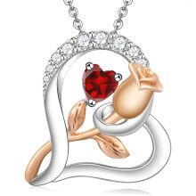 (【January】 Red Diamond) Women's New Rose S925 Sterling Silver Heart Necklace, 12 Birthstone Pendant Choker