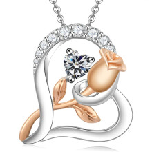 (【April】White Diamond) Women's New Rose S925 Sterling Silver Heart Necklace, 12 Birthstone Pendant Choker